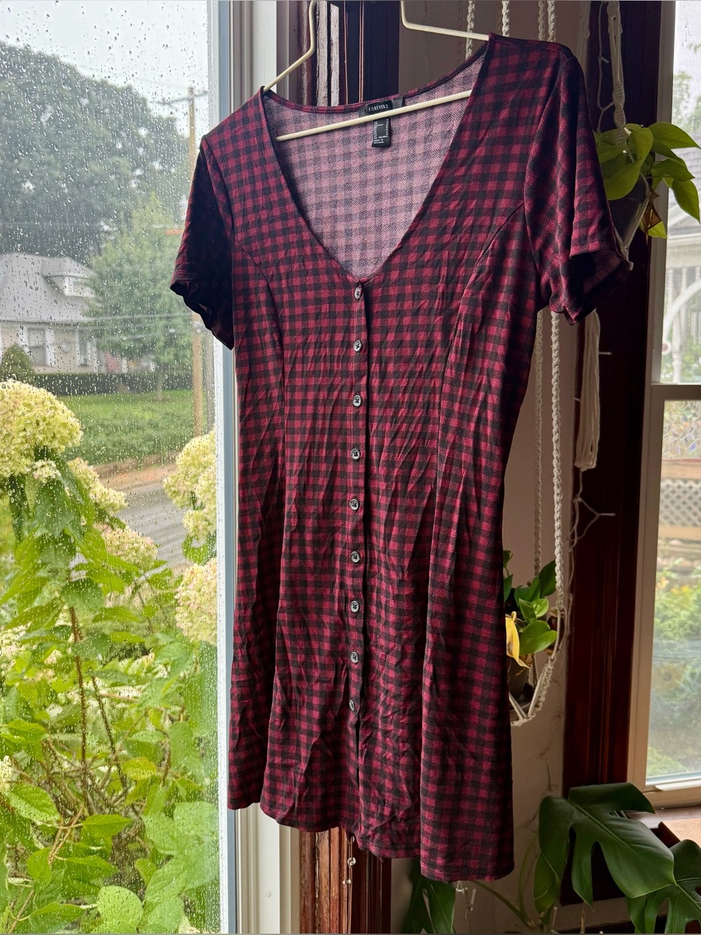 Y2K Burgundy and Black Gingham Button-Front Mini Dress